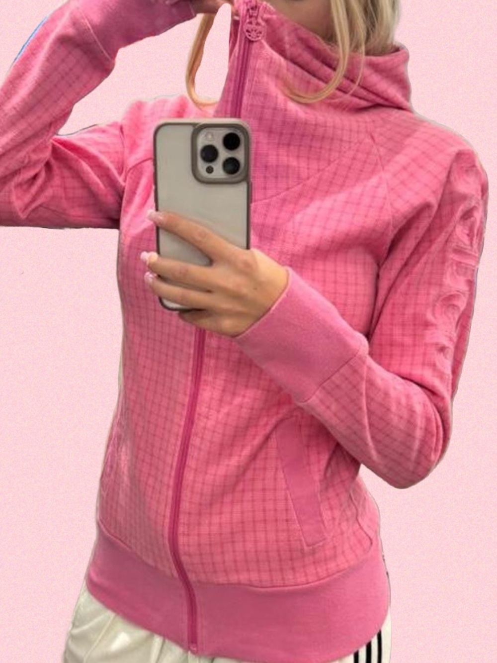 Bench vintage Y2K, pink plaid, print towel neck long line fitted hoodie